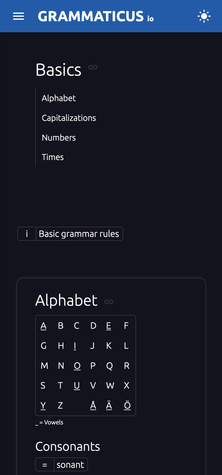 grammaticus.io - The mobile view with dark mode enabled
